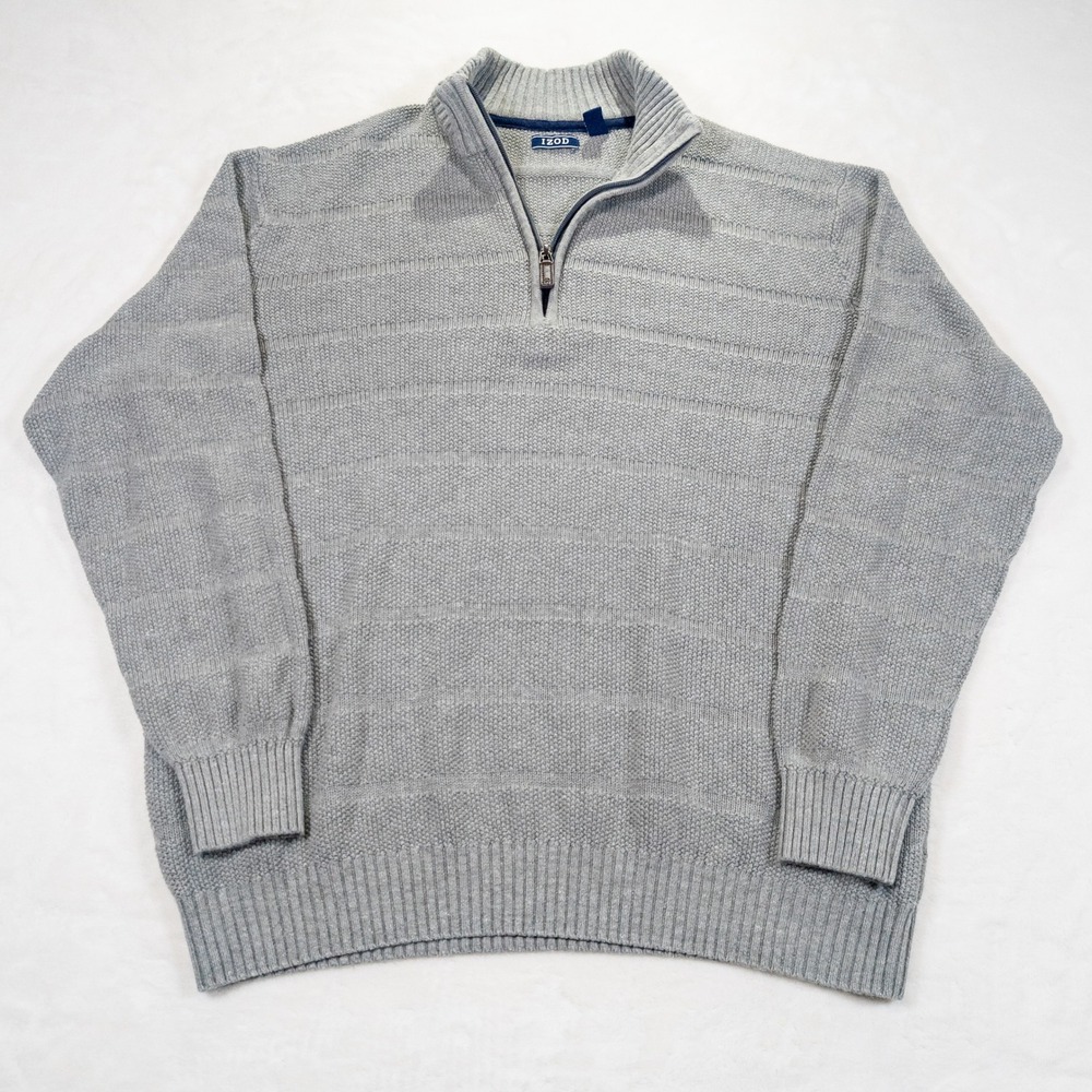 IZOD Quarter Zip Sweater Men XLT Grey Ribbed Knit Preppy Academia Fisherman